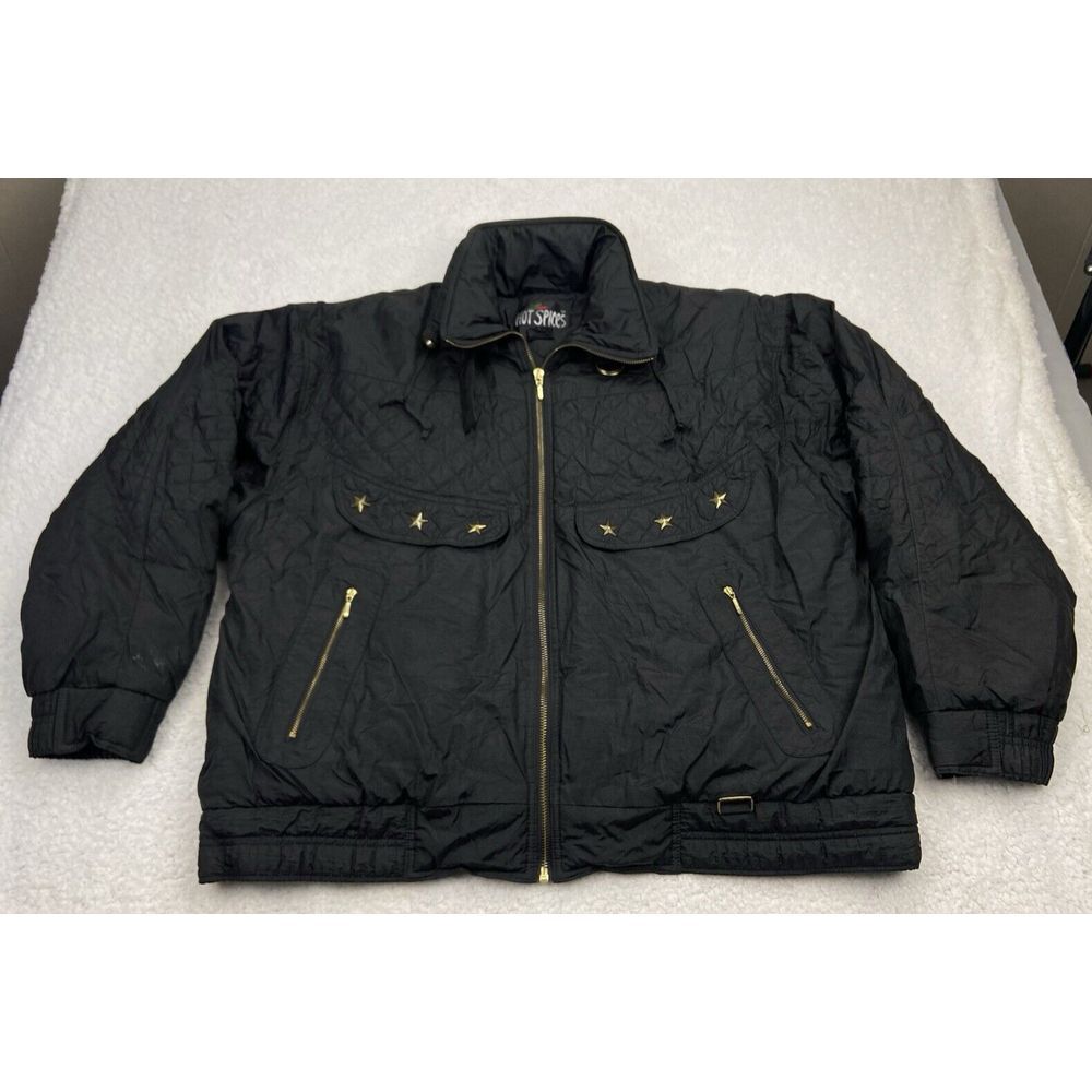 Vintage Hot Spices Puffer Jacket  Womens L Black Gold Stars Zip Pocket Retro 90s